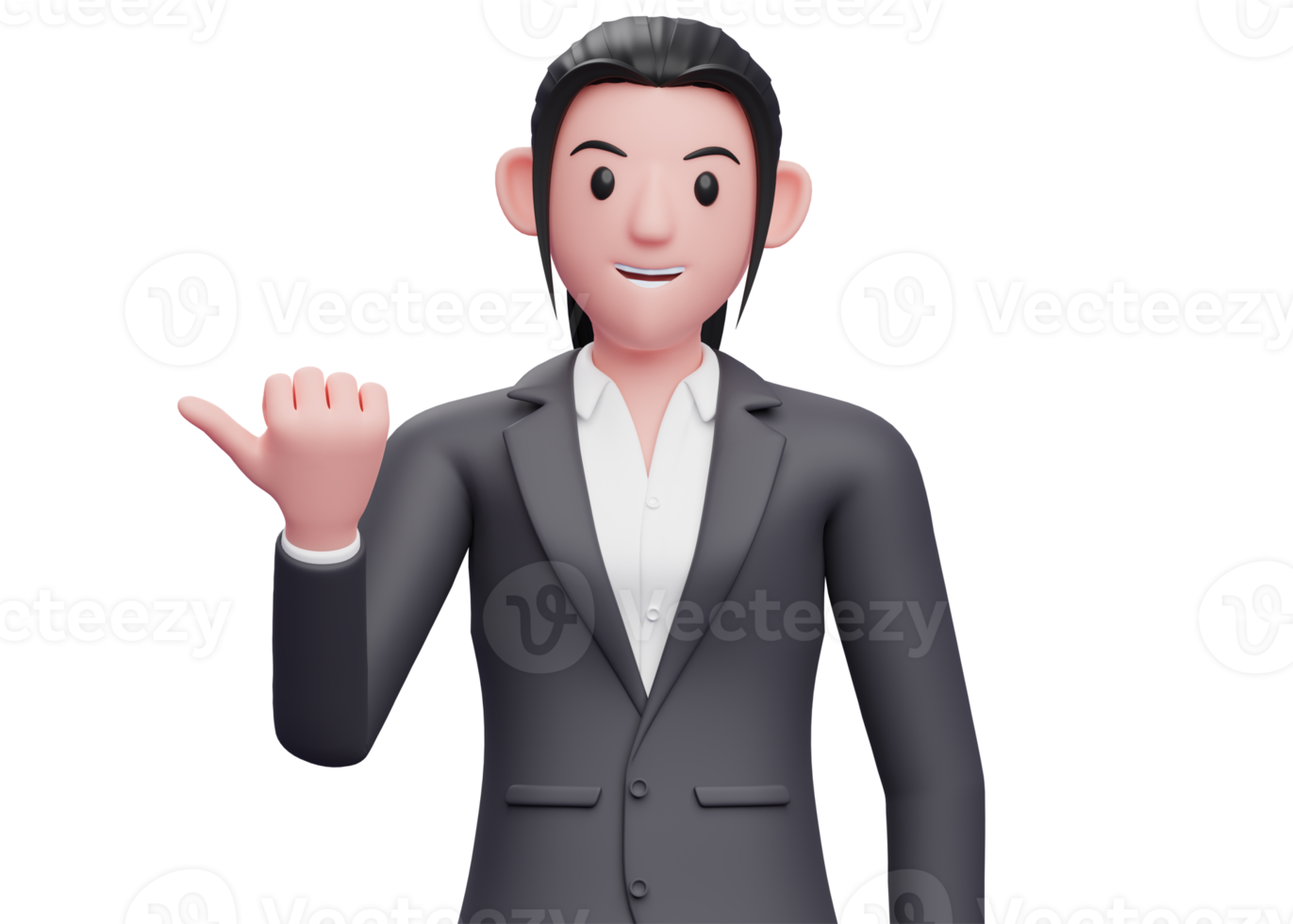 business girl in formal suit pointing with thumb aside looking at the camera, 3D render business woman pointing illustration png