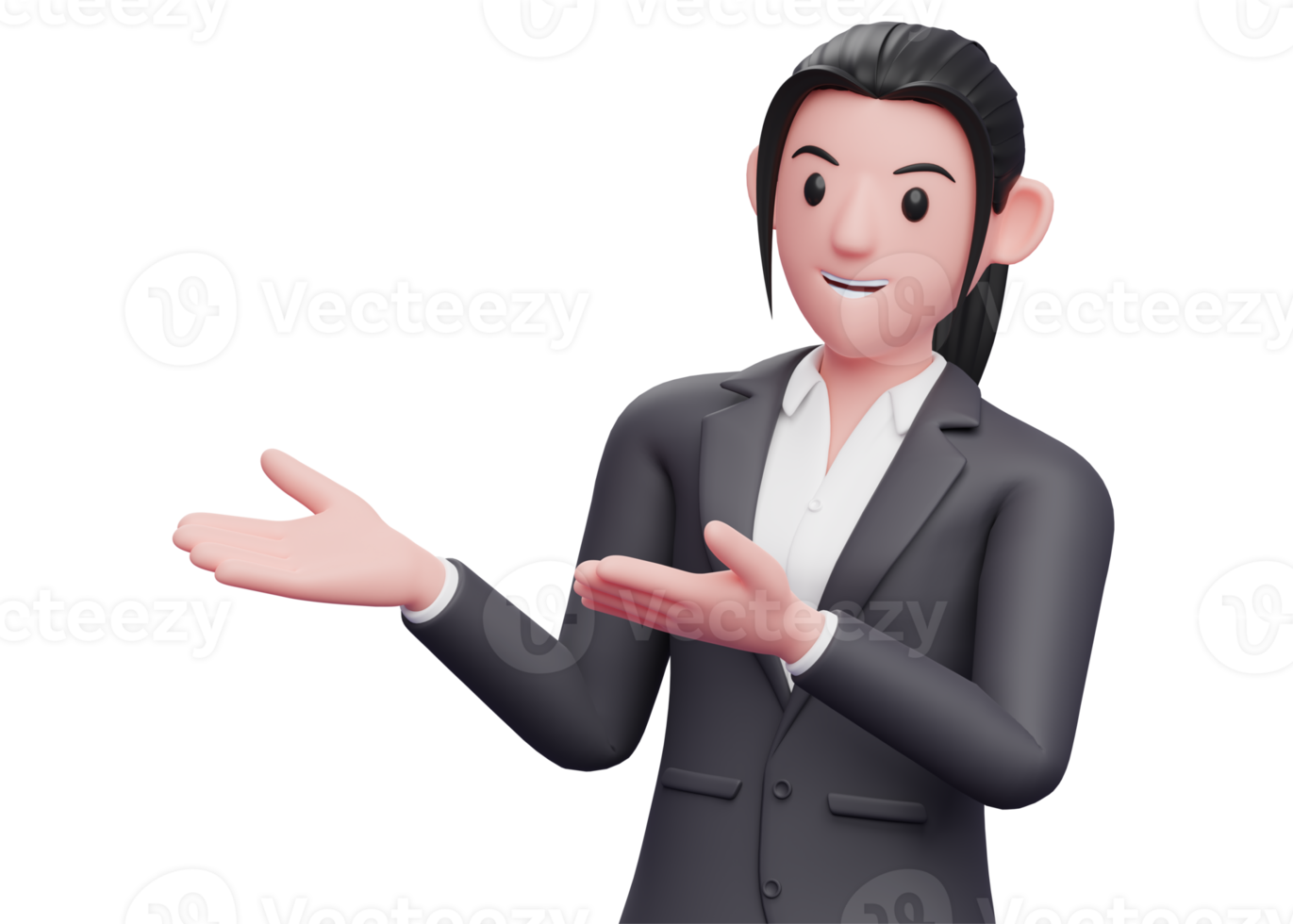 business woman in formal suit open both hands to the side, business woman in formal suit pointing illustration png