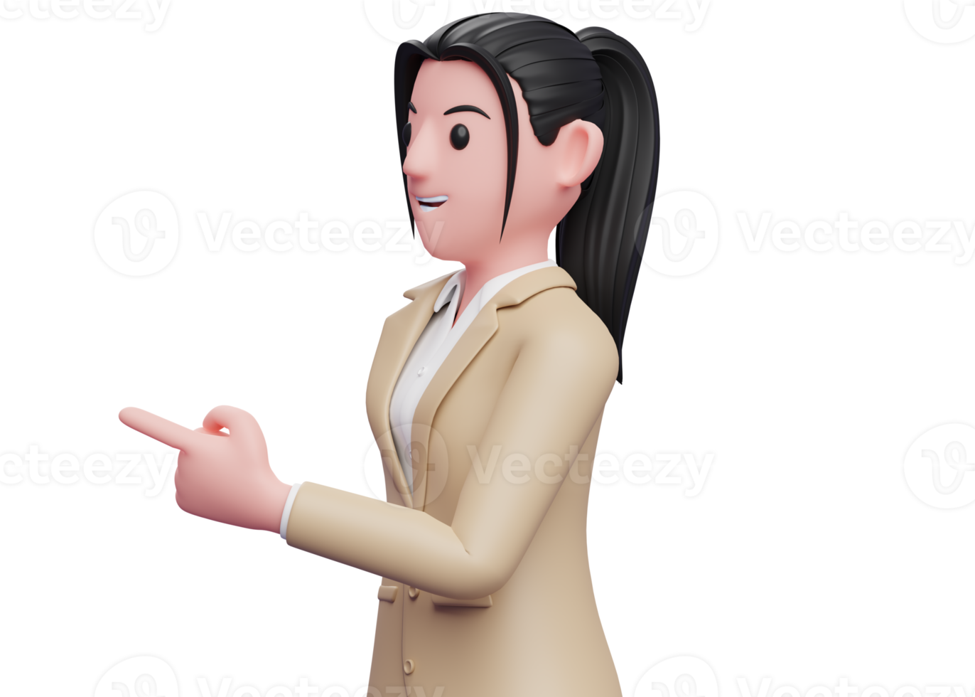 girl in brown suit facing side and pointing, business woman in brown formal suit illustration 3D rendering png
