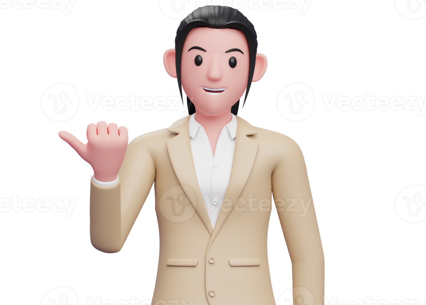 business girl in brown suit pointing with thumb aside looking at the camera, 3D render business woman pointing illustration png