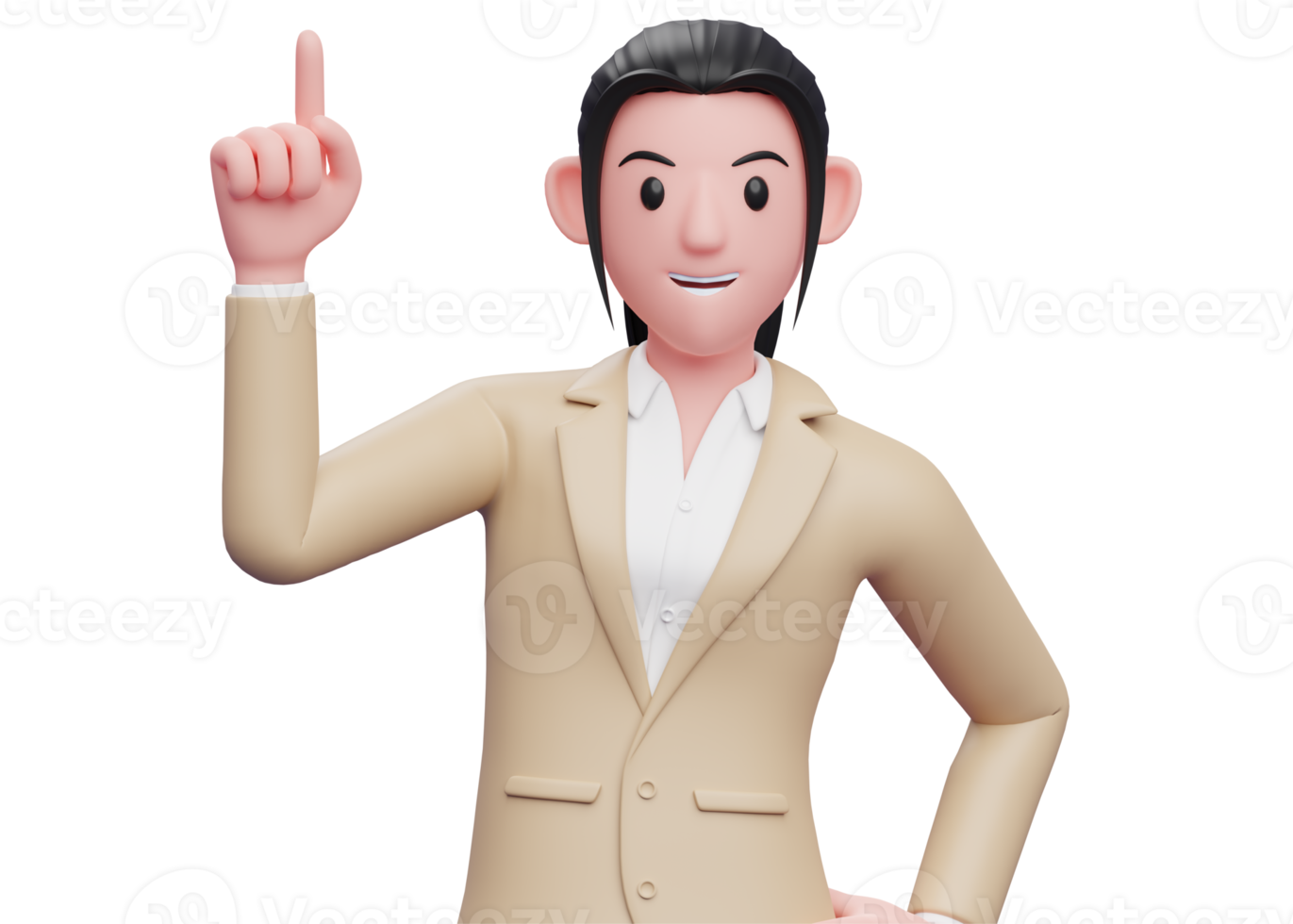 portrait of a business woman in a brown suit pointing up with index finger, 3d illustration of a business woman in a brown suit pointing png