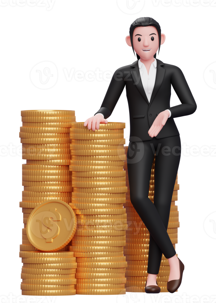 Geschäftsfrau in einem schwarzen Anzug, die mit gekreuzten Beinen steht und sich auf einen Stapel Münzen stützt, 3D-Darstellung einer Geschäftsfrau in einem schwarzen Anzug, die eine Dollarmünze hält png