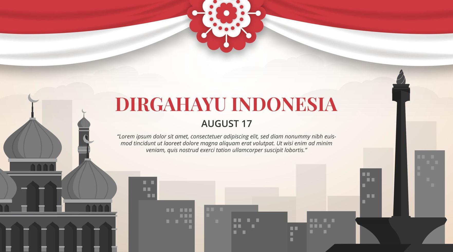 Dirgahayu Indonesia or Indonesia independence day background with flag decoration and illustration of landmark vector