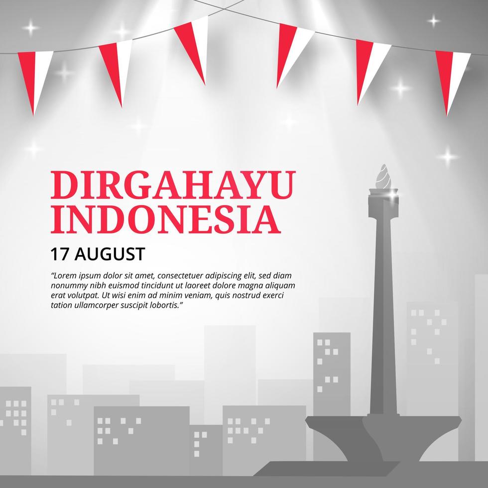 Dirgahayu Indonesia or Indonesia independence day background with flag decoration and illustration of buildings on gray color vector