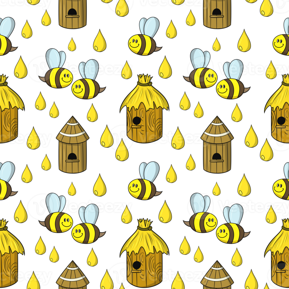 Bright yellow print, Cute little bees collecting honey, bee hives, seamless square pattern png