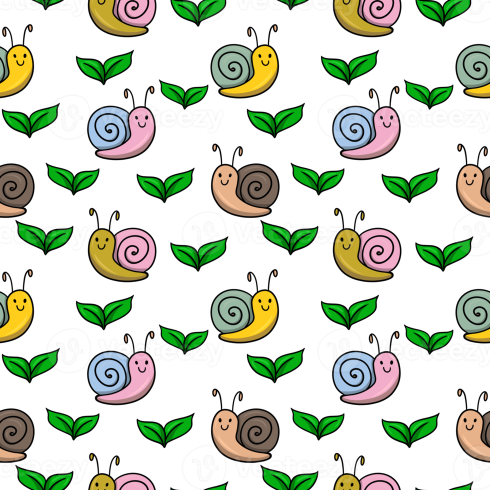 impression pour enfants, mignons petits escargots colorés rampant parmi les plantes, motif carré harmonieux png