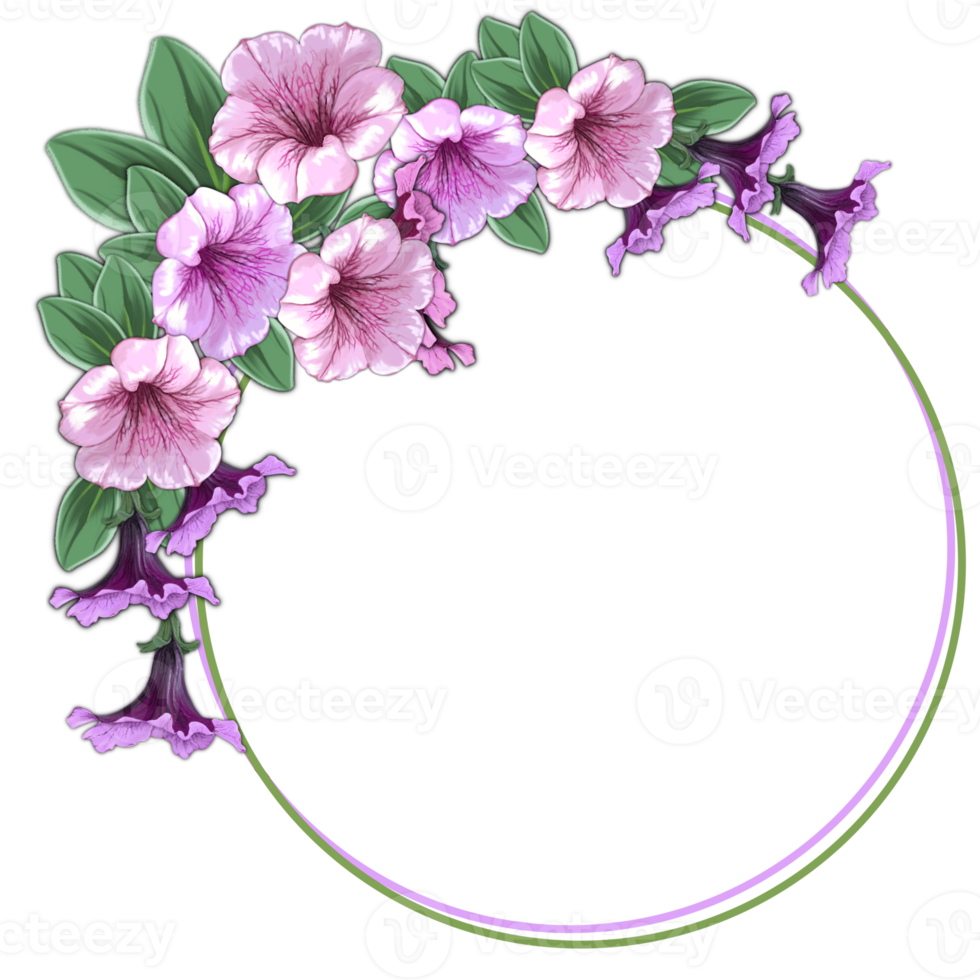 bukett rosa petuniablommor, rund ram med ett tomt utrymme för insättning png