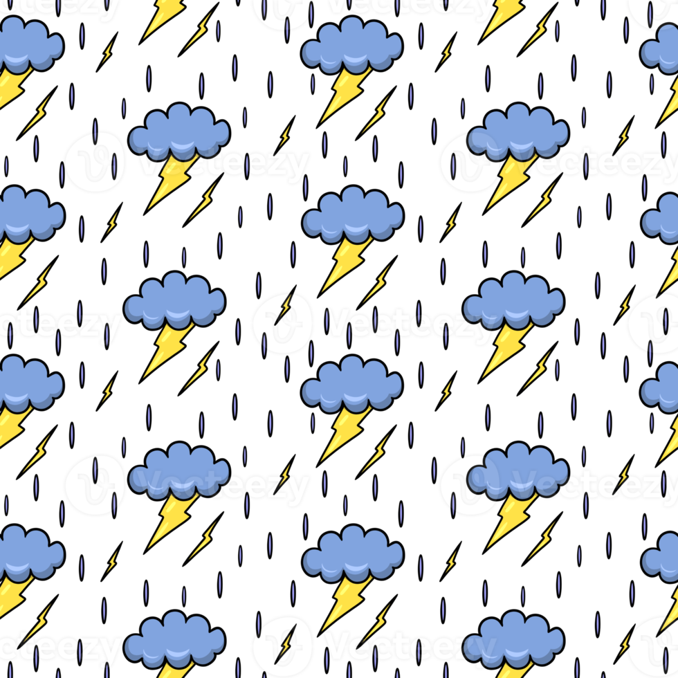 Decorative print, Blue storm clouds with lightning and raindrops, seamless square pattern png