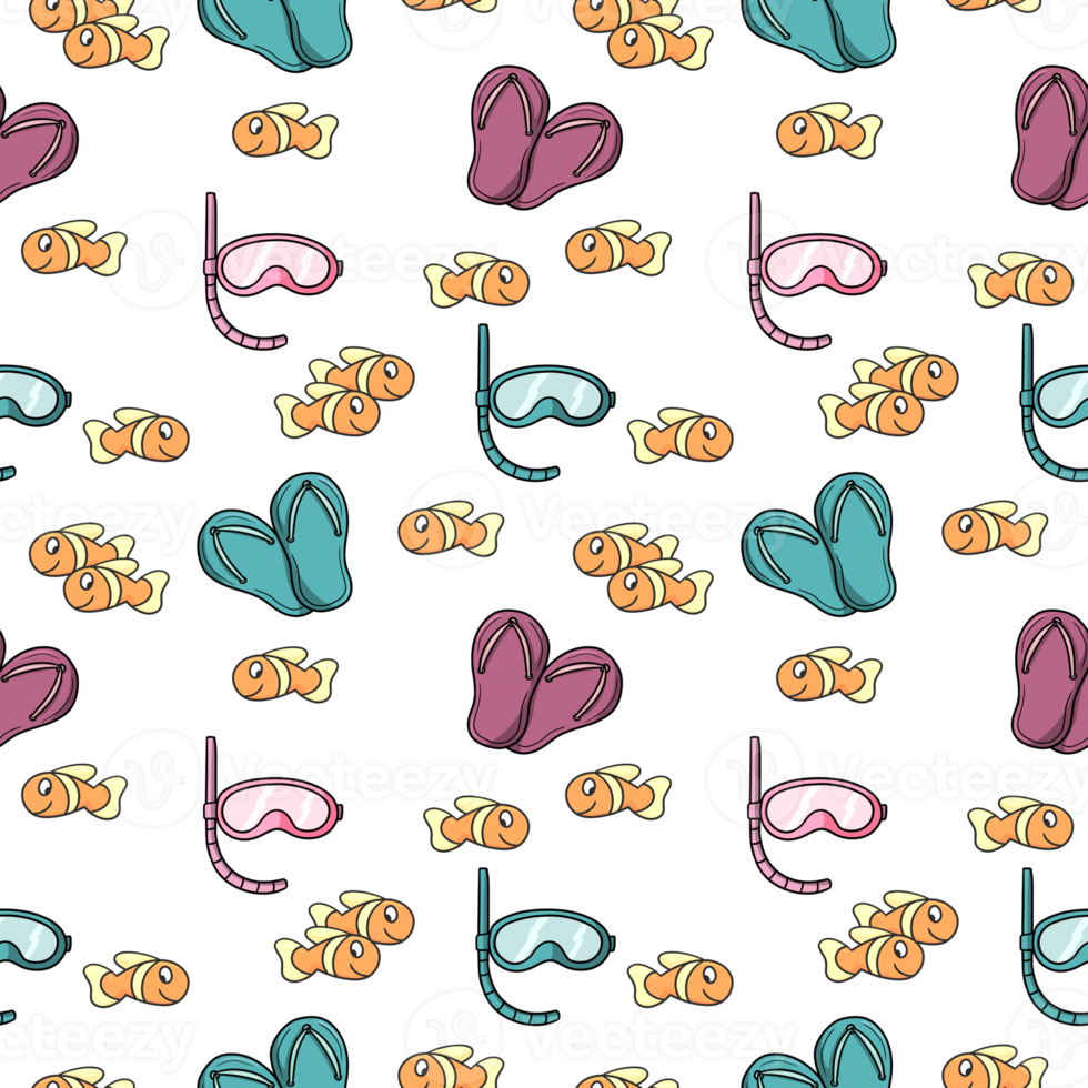 Beach print, multicolored scuba masks and beach slippers, seamless square pattern png