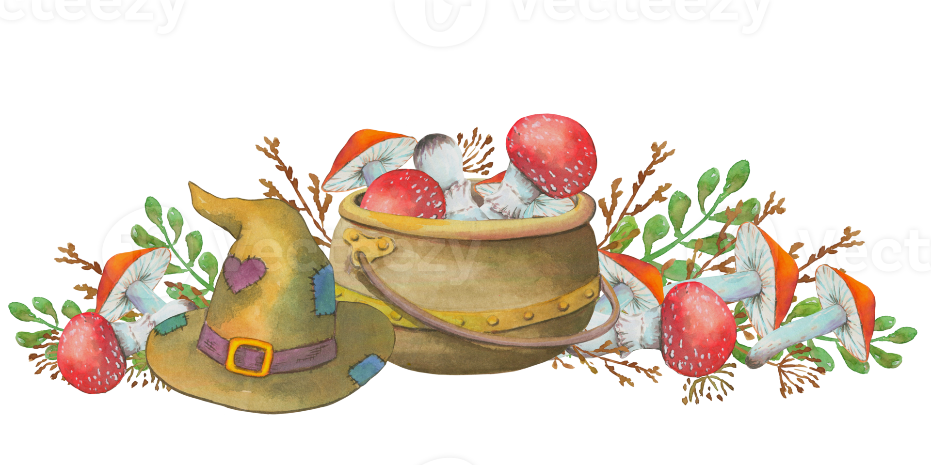 Watercolor illustration, a witch's hat and a pot with poisonous mushrooms on a transparent background png