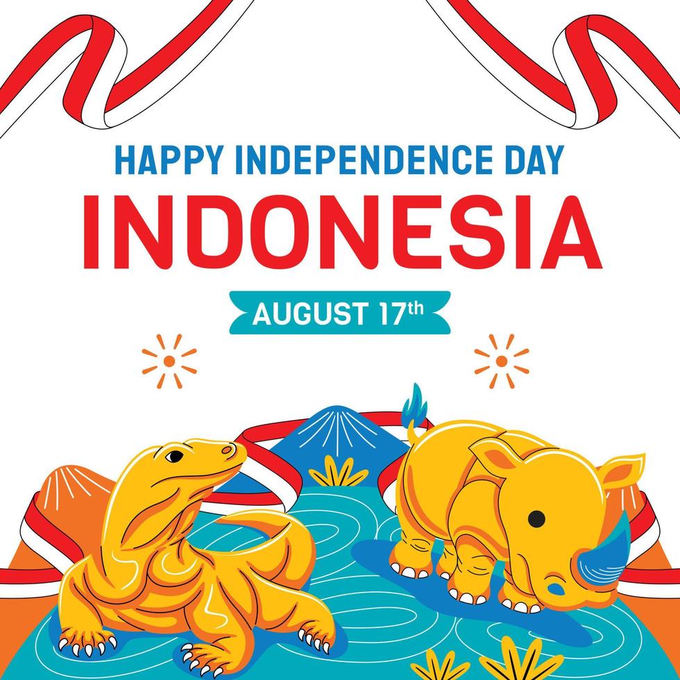 día de la independencia de indonesia con ilustración de animales vector