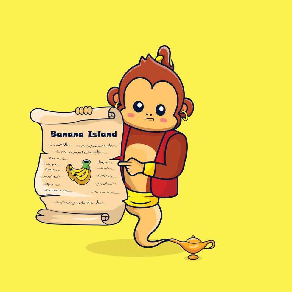 Monkey genie came out of the magic lamp holding banana island map isolated style premium illus vector