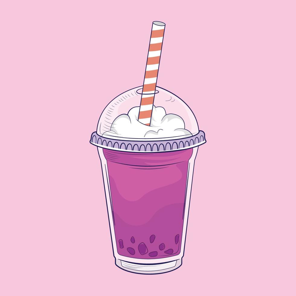 Bubble drink with strawberry flavor and boba topping with cup packaging premium vector illustration