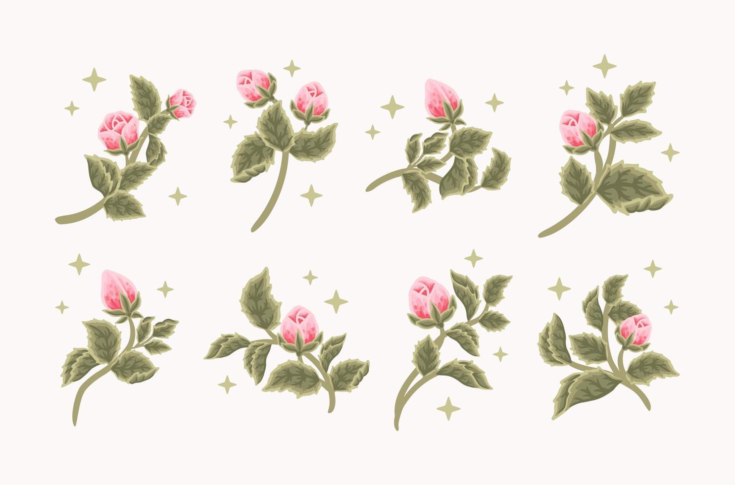 Collection of vintage romantic rose flower bud feminine logo, beauty label, branding elements vector