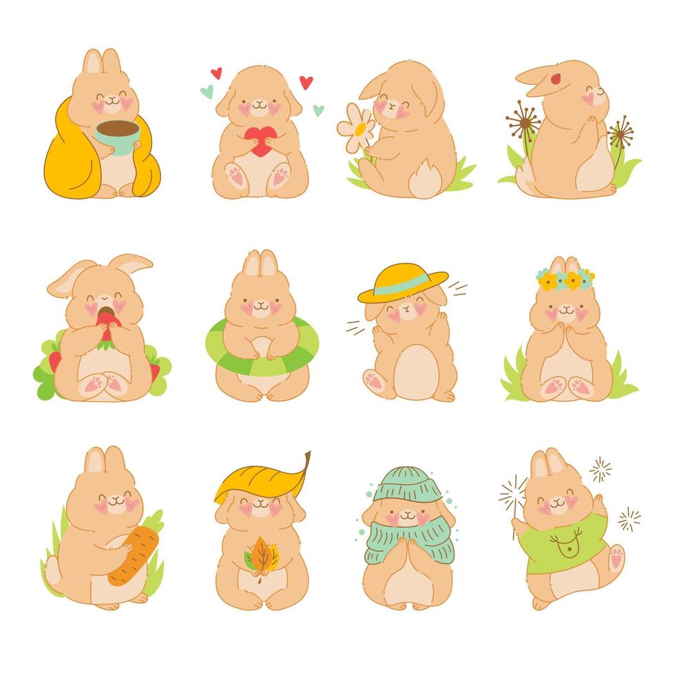 Cool cute  set of baby animals rabbits in cartoon kawaii style. Vector characters bunny bundle for kids. Isolated on white
