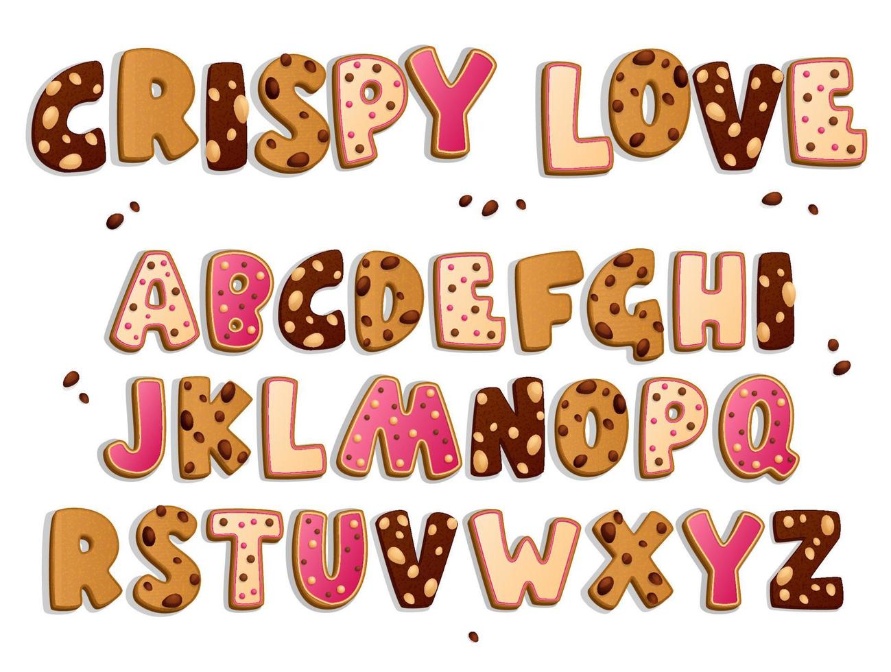 alfabeto de galletas al azar. conjunto de diseño de estilo de galletas de letras. chips y gotas de chololato oscuro y blanco, nueces, azúcar glase, perlas, dulces decorativos. conjunto de vectores comida dulce.