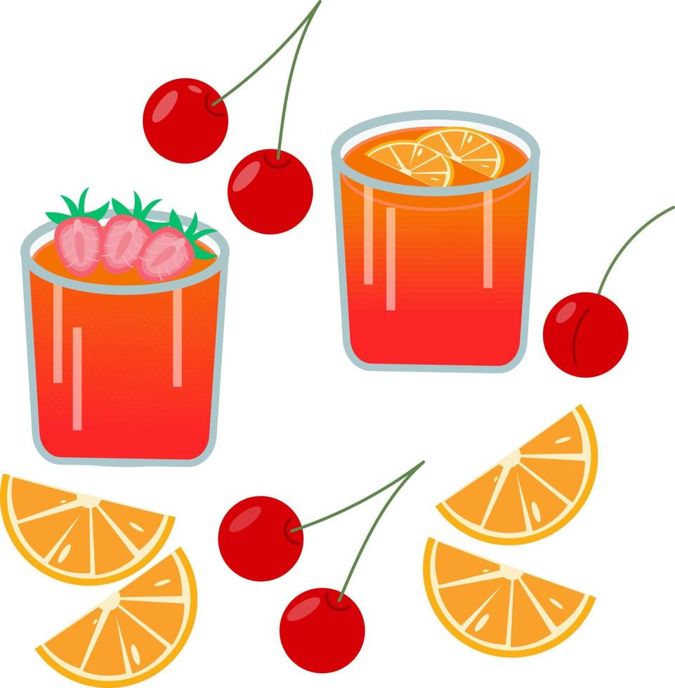 Illustration of cool drinks with fruits and berries. Orange slices, cherries and strawberries. Flat illustration. vector