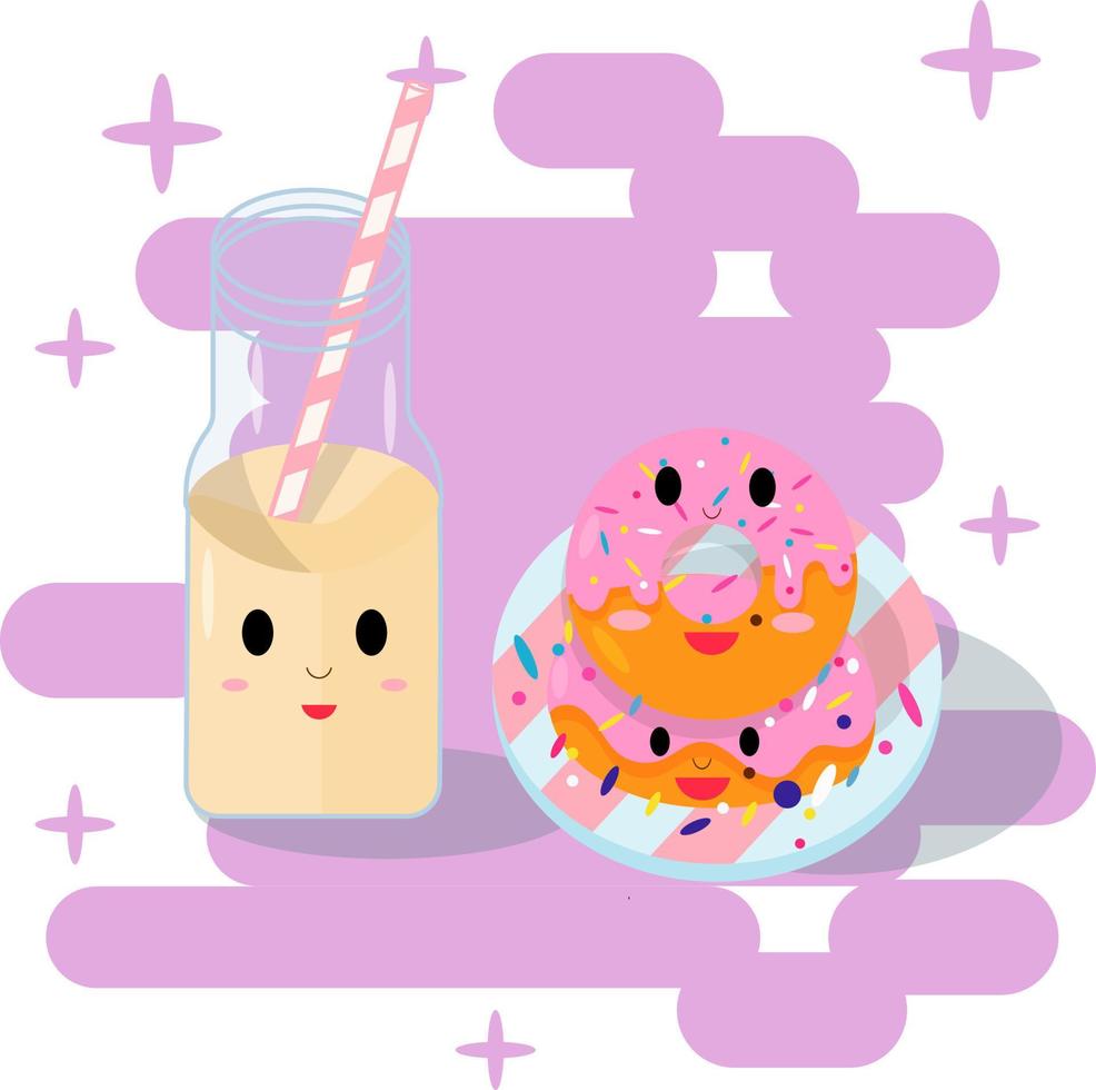 Cute illustration of the characters of a donut and a bottle with a milkshake. Flat cartoon illustration. vector