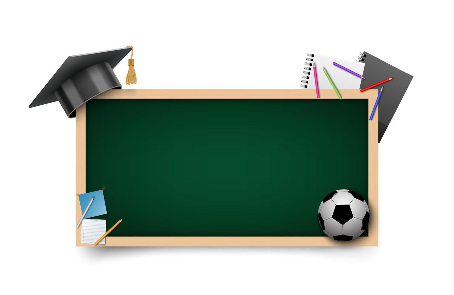 fondo de pizarra verde en blanco con sombrero de graduado, cuaderno, fútbol, ilustración vectorial vector