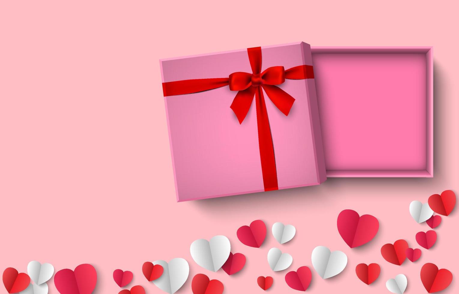 Opened pink gift box with red bow paper heart on pink background, vector illustration