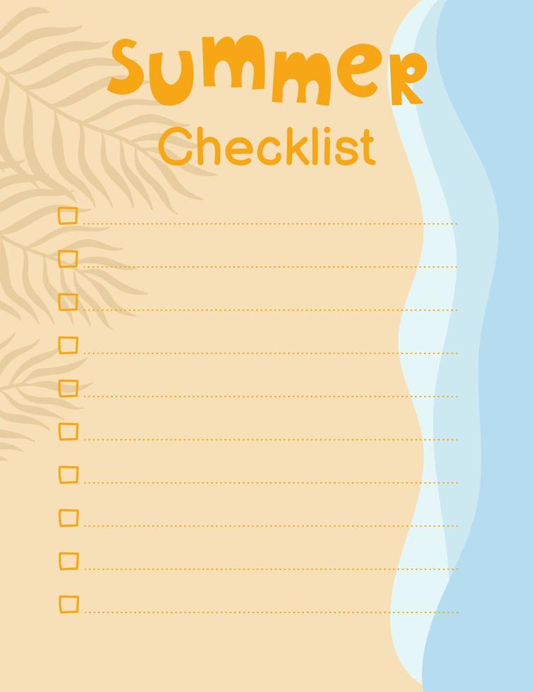 plantilla para la lista de verificación de verano. vista superior sobre la arena de la playa, hojas de palma y olas del mar. vector