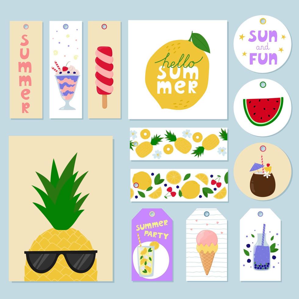 Set of summer gift tags, labels and greeting cards with cute cartoon objects and lettering. Doodle flat style vector
