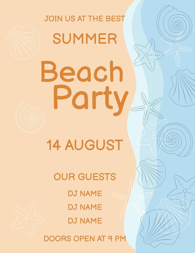 Beach party poster template. Top view on beach sand, seashells and sea waves. Template for banner, flyer, invitation and poster. vector