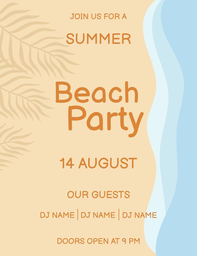Beach party poster template. Top view on beach sand, palm leaves and sea waves. Template for banner, flyer, invitation and poster. vector