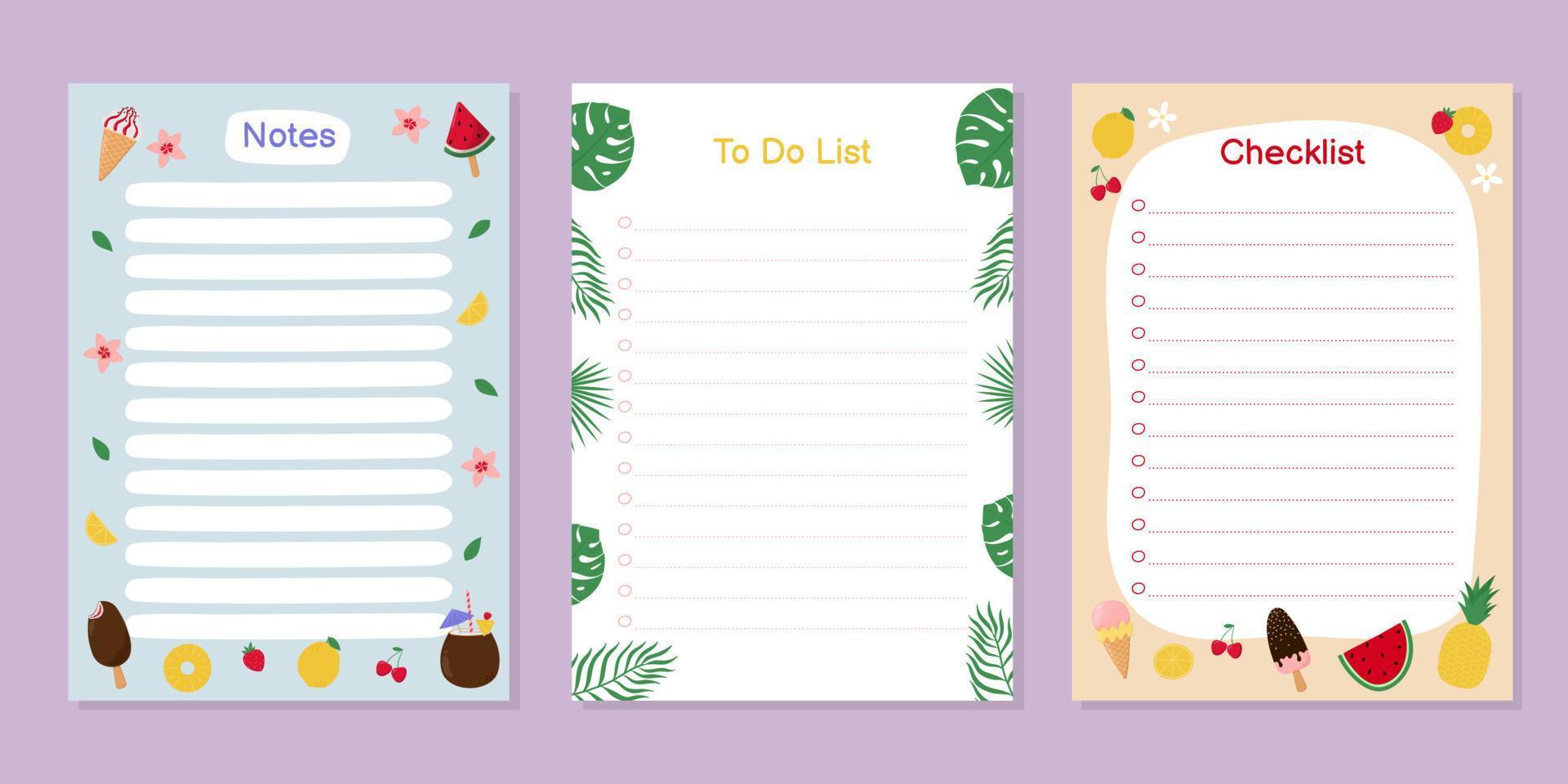 Templates for notes, to do list and checklist with cute summer objects. Colorful ice cream, fruit, berries and tropical leaves. vector