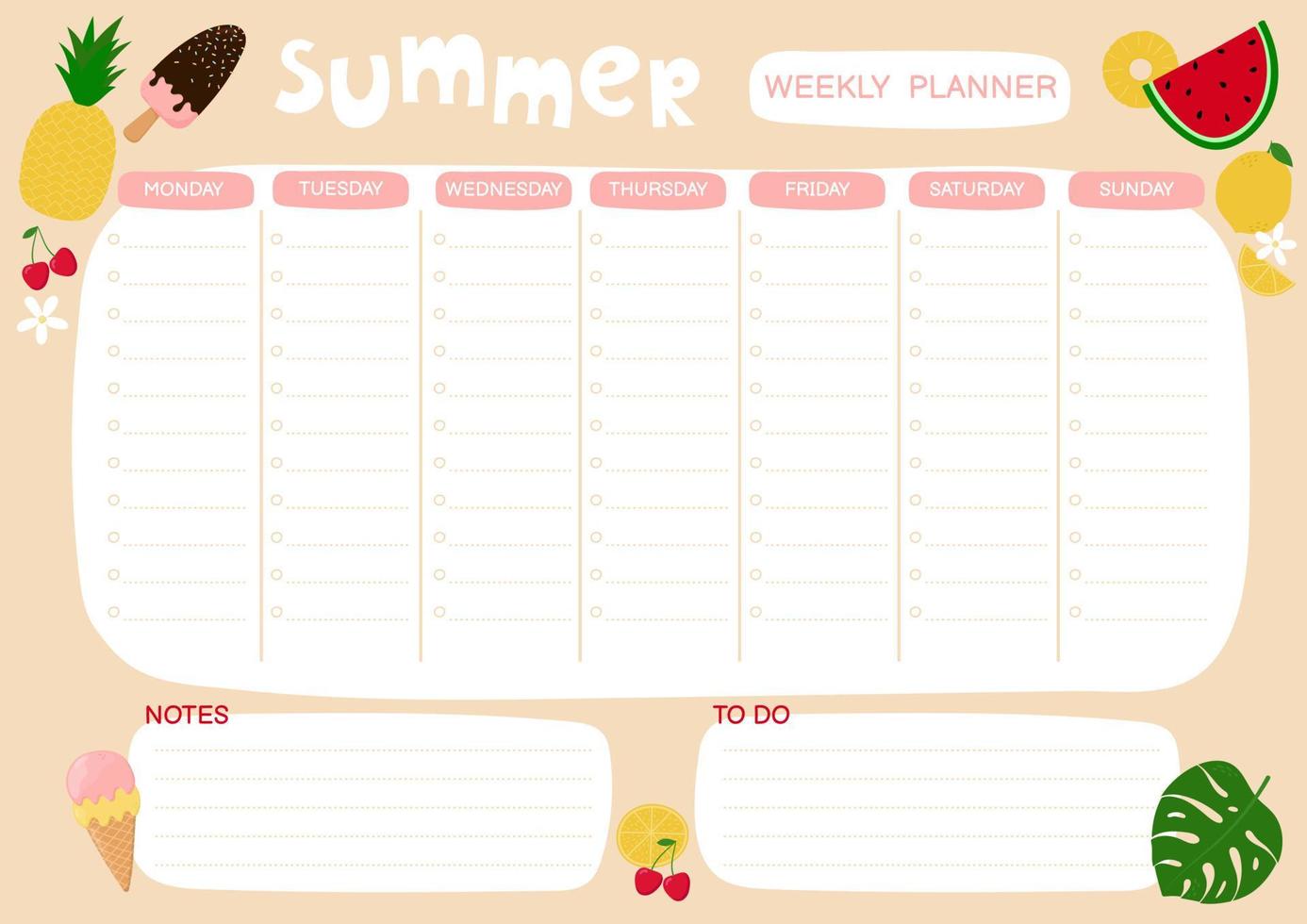 Weekly planner with cute summer objects. Doodle flat style. Good for notebook, agenda, diary, organiser, schedule. Vector illustration