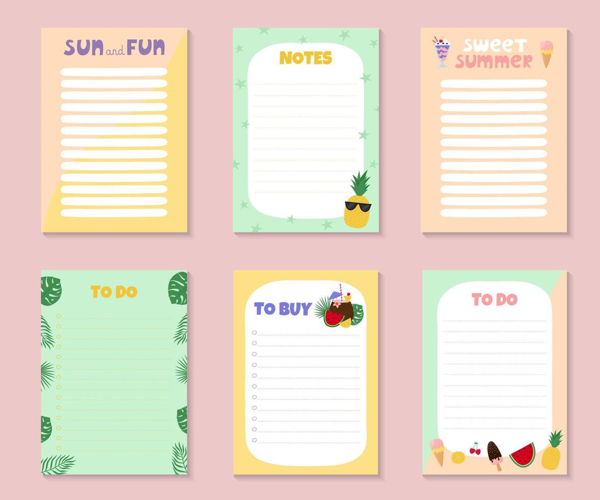 Templates for notes, to do and buy list with cute summer objects and lettering. Colorful ice cream, fruit, berries and tropical leaves. vector