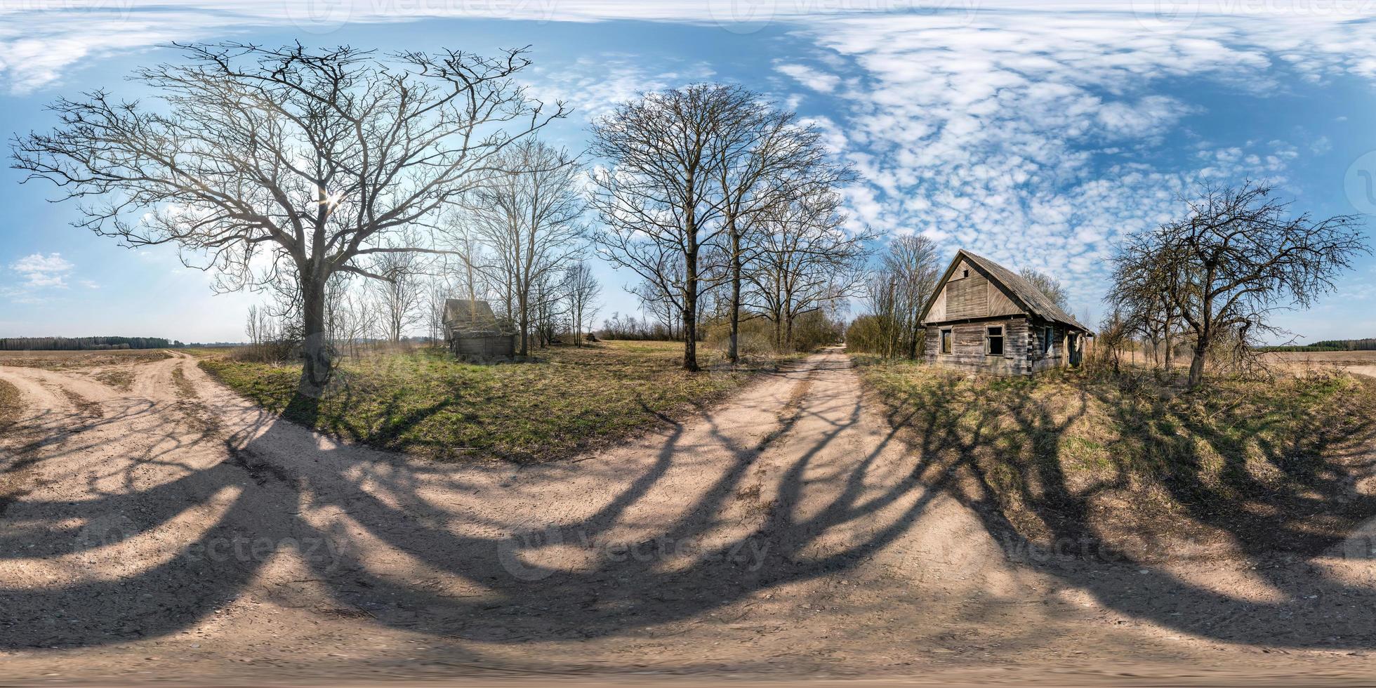 full seamless spherical hdri panorama 360 degrees angle view near abandoned wooden house in village near huge oak in equirectangular projection, ready AR VR virtual reality content photo