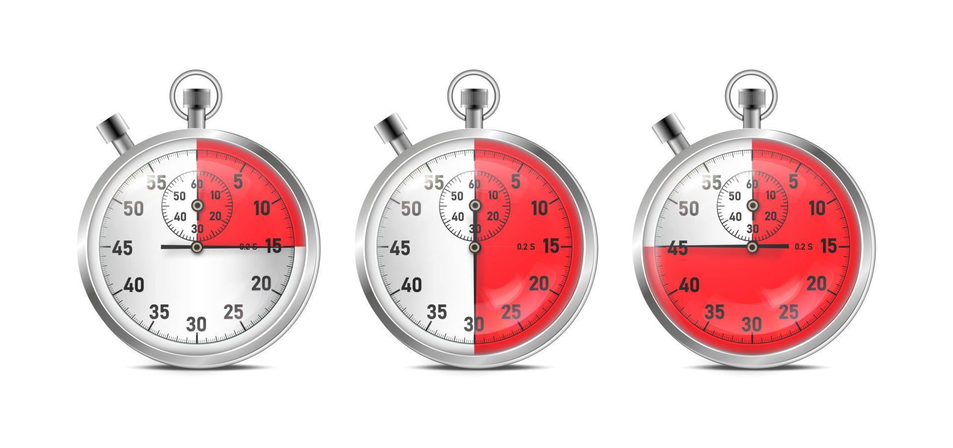 Vector realistic stopwatch silhouettes with different arrow positions. Illustration of 15,30,45 seconds on a stopwatch