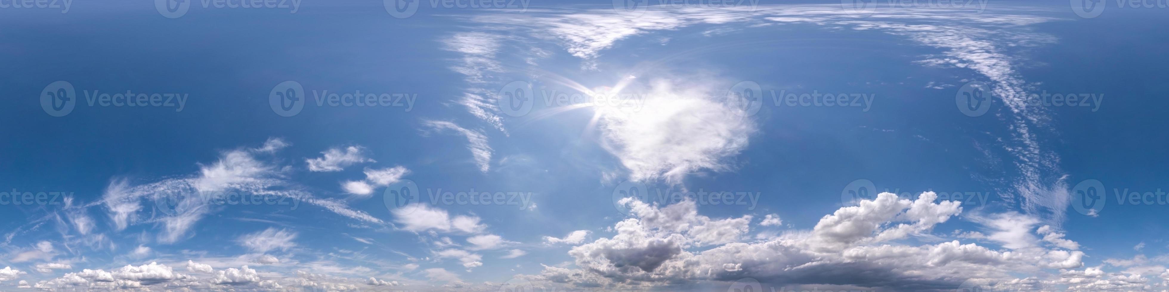 blue sky with beautiful fluffy clouds without ground. Seamless hdri panorama 360 degrees angle view for use in 3d graphics or game development as sky dome or edit drone shot photo