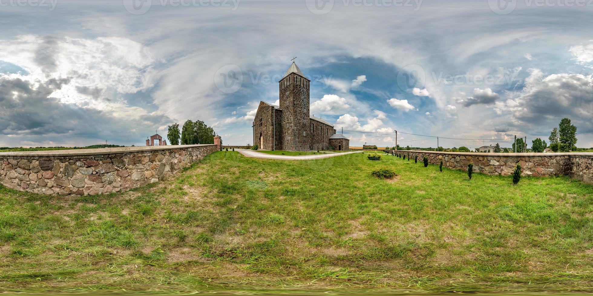 Full seamless spherical hdri panorama 360 degrees angle in small village with decorative medieval style architecture church in equirectangular spherical projection with zenith and nadir. vr content photo