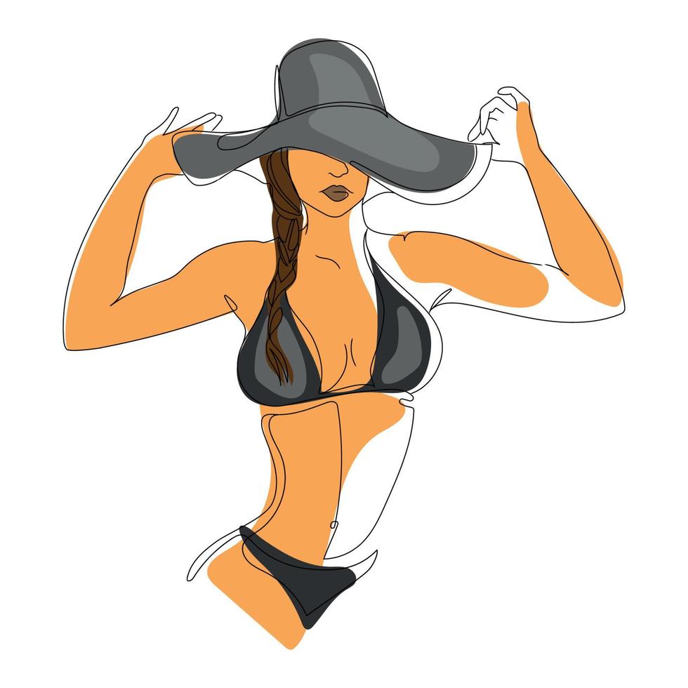 Girl in swimsuit and hat with large fields on the beach vector minimalistic illustration.Beautiful woman with a slim figure in a bikini swimsuit holding her hat hand drawing.Summer vacation concept.