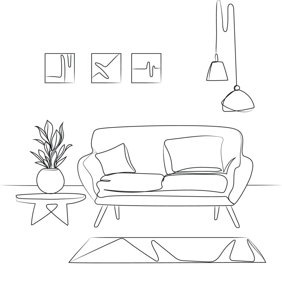 Modern living room interior vector sketch illustration. Leisure place for relaxation with sofa and pillows, plants in a pot, modern chandelier lamps, black and white drawing