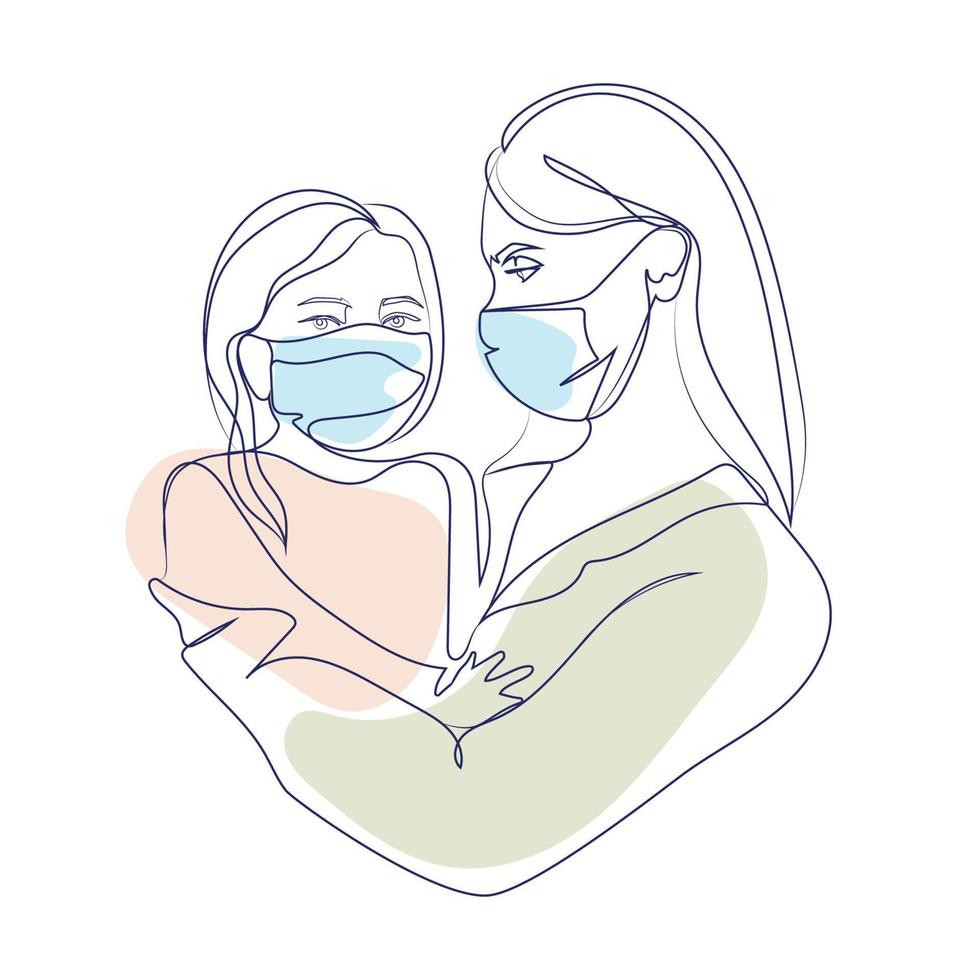 Woman with a child stands in a protective medical mask vector illustration.Mother with her daughter in her arms in medical masks.Nurse with a child.Modern minimalist drawing style