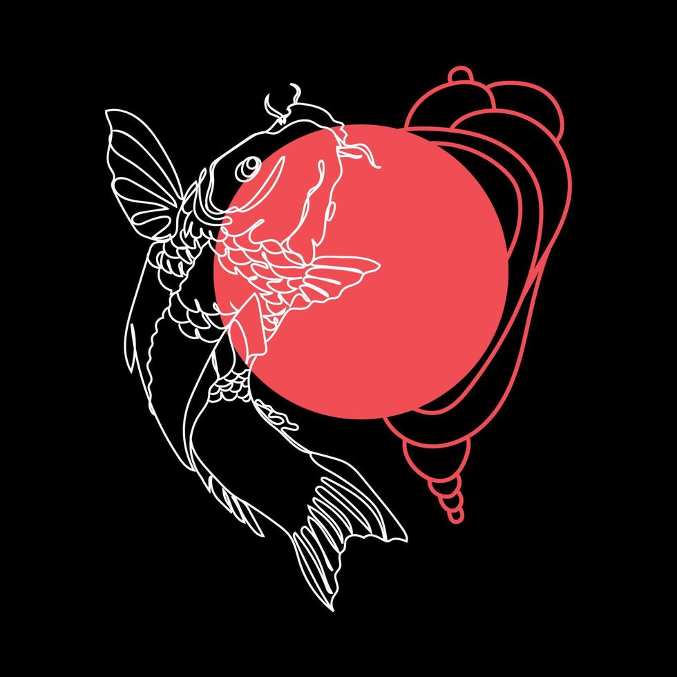 logotipo de pez koi, diseño de afiches o diseño de impresión ilustración vectorial. arte lineal carpa koi japonesa sobre fondo negro con dibujo abstracto de círculo rojo en estilo minimalista moderno. vector