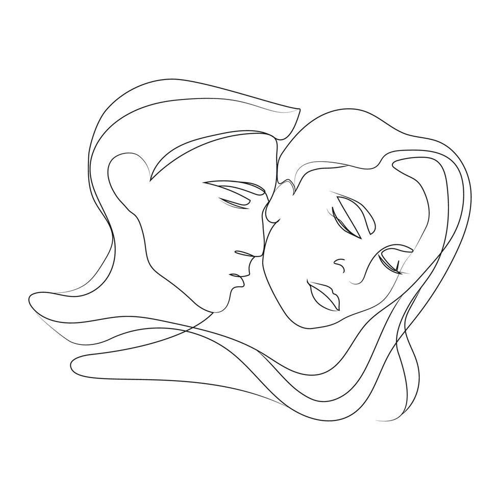 hombre y mujer abstractos enamorados, ilustración vectorial de dibujo de línea continua. hombre besando a una mujer en el retrato de cuello estilo minimalista. arte de línea mínimo moderno. estampado de moda. vector