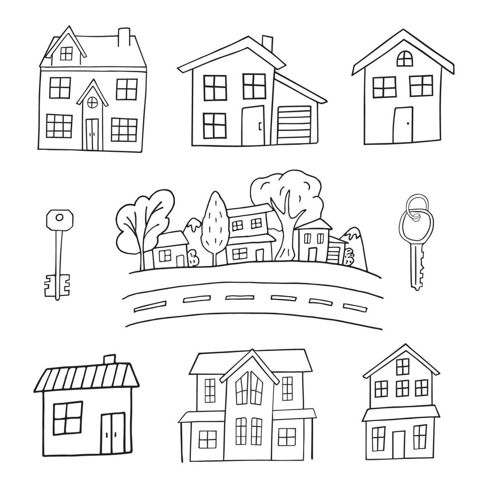 set of a house in doodle style vector