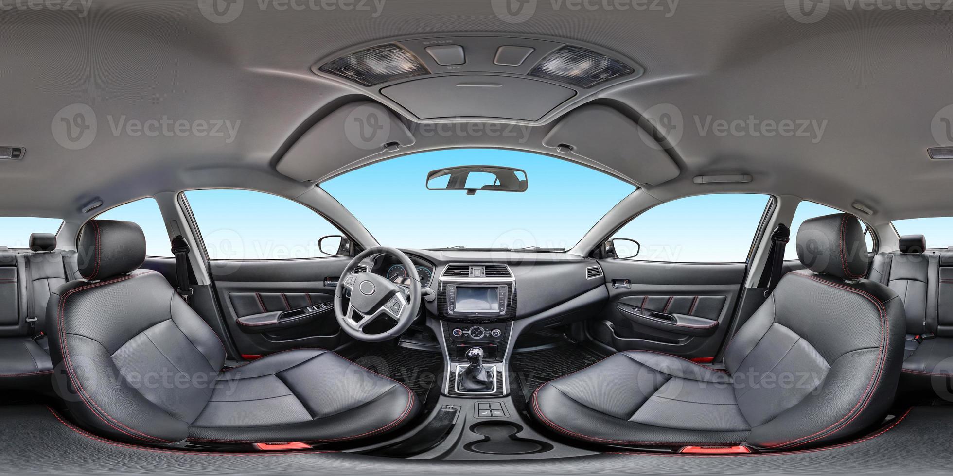 Vista panorámica de 360 ángulos en el salón interior de un coche moderno de prestigio. panorama esférico equidistante equirrectangular completo de 360 por 180 grados. contenido vr ar foto