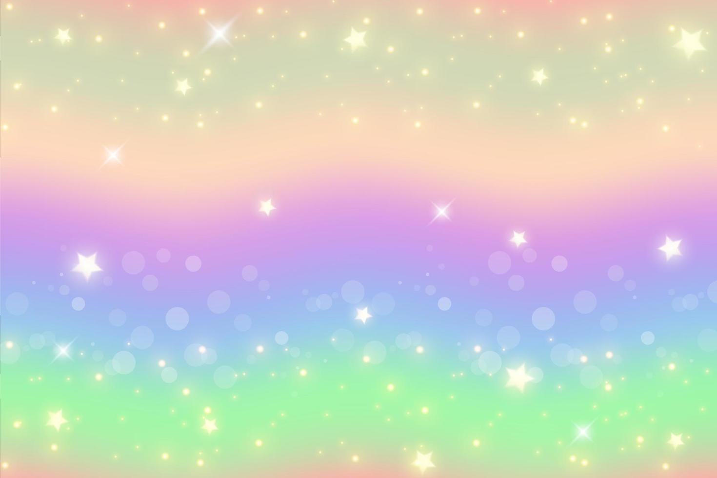 arco iris unicornio fantasía fondo ondulado con bokeh y estrellas. ilustración holográfica en colores pastel. cielo multicolor brillante. vector. vector