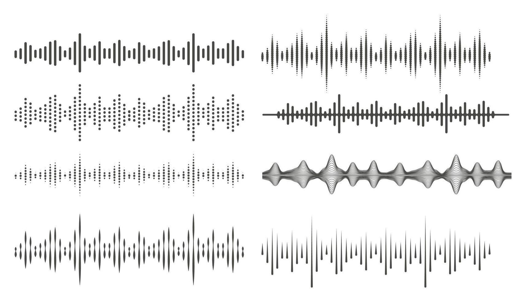 Audio waves in abstract style. Audio and voice frequency lines. Volume equalizer symbols. Vector set on white background.