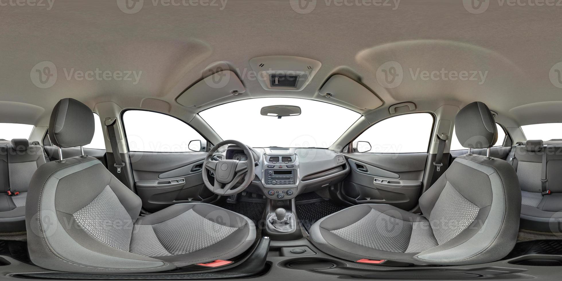 Full 360 by 180 degree seamless equirectangular equidistant spherical panorama in interior of prestige modern car Ravon white background. Skybox for vr ar content photo
