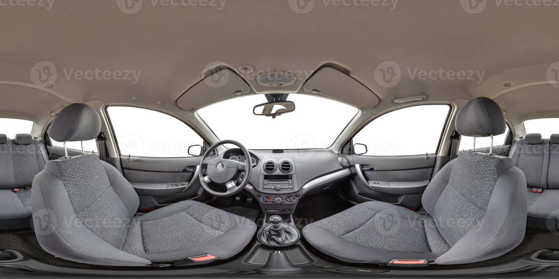Full 360 by 180 degree seamless equirectangular equidistant spherical panorama in interior of prestige modern car Ravon white background. Skybox for vr ar content photo