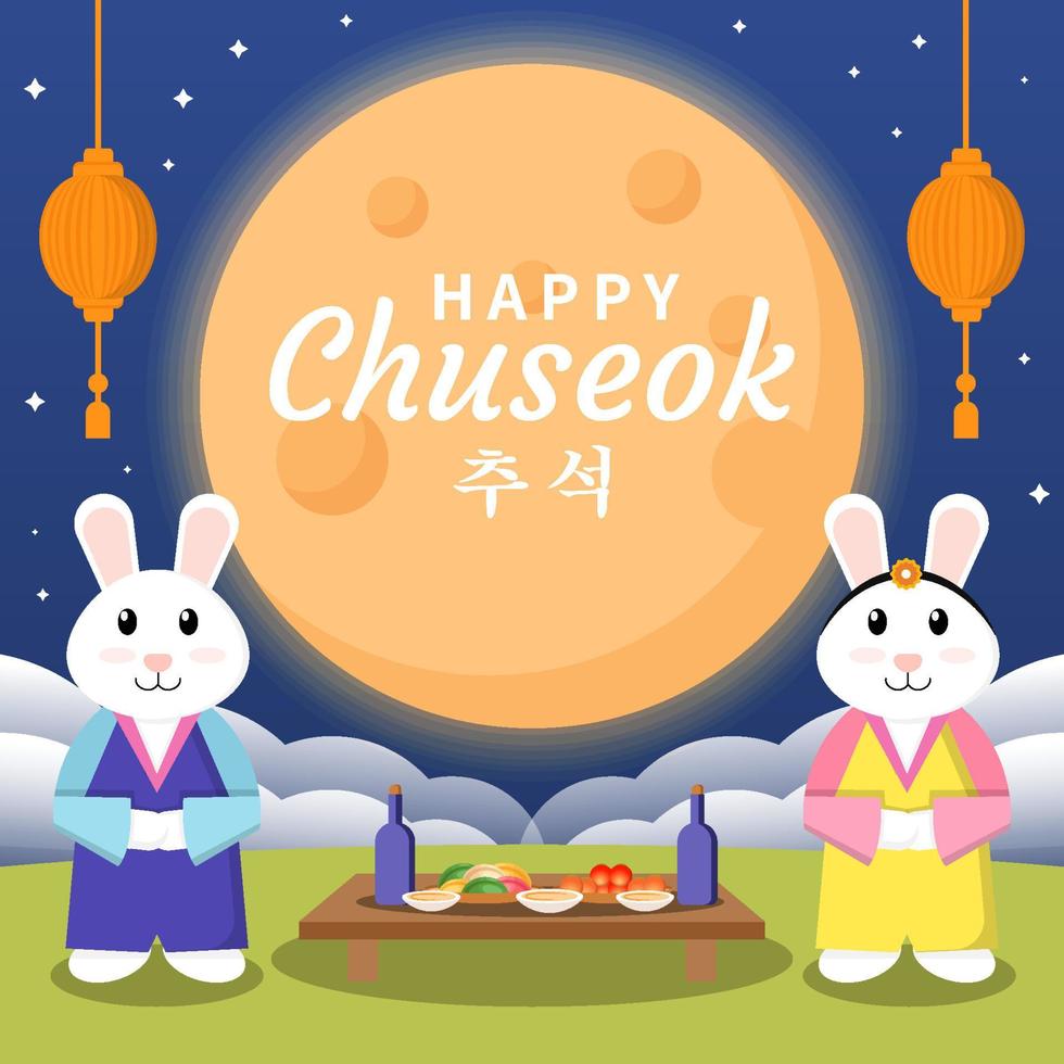korea chuseok illustration with two rabbits used traditional clothes korea vector