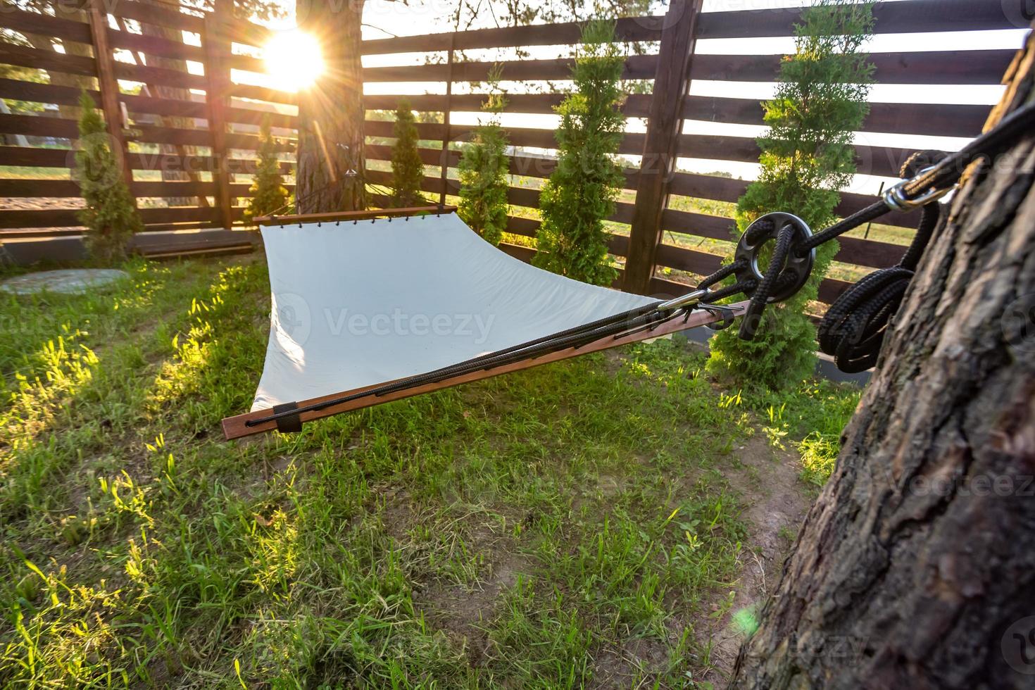 hammock suspended between two pines in summer garden of country house at sunset photo