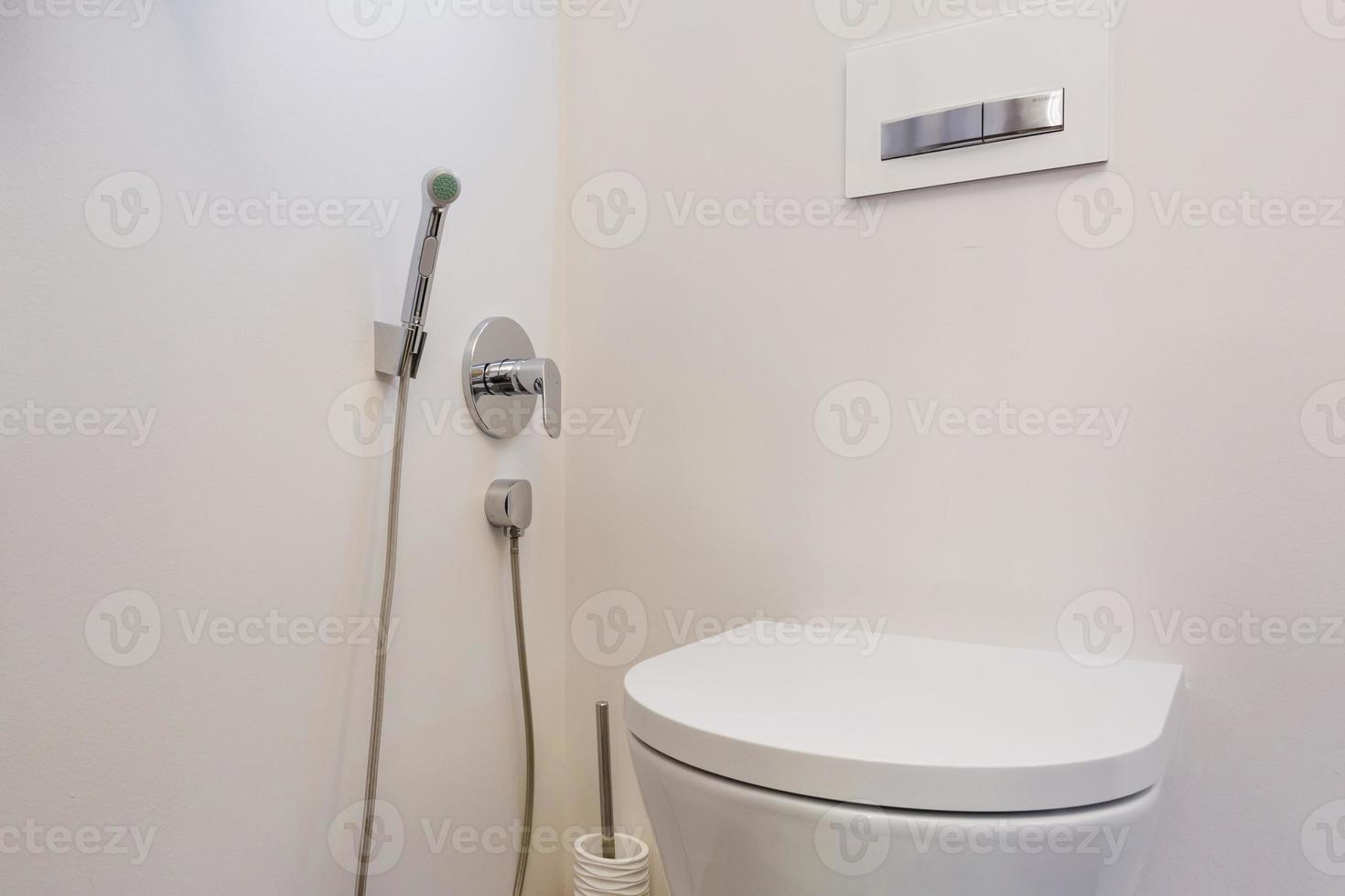 toilet and detail of a corner shower bidet with wall mount shower attachment photo