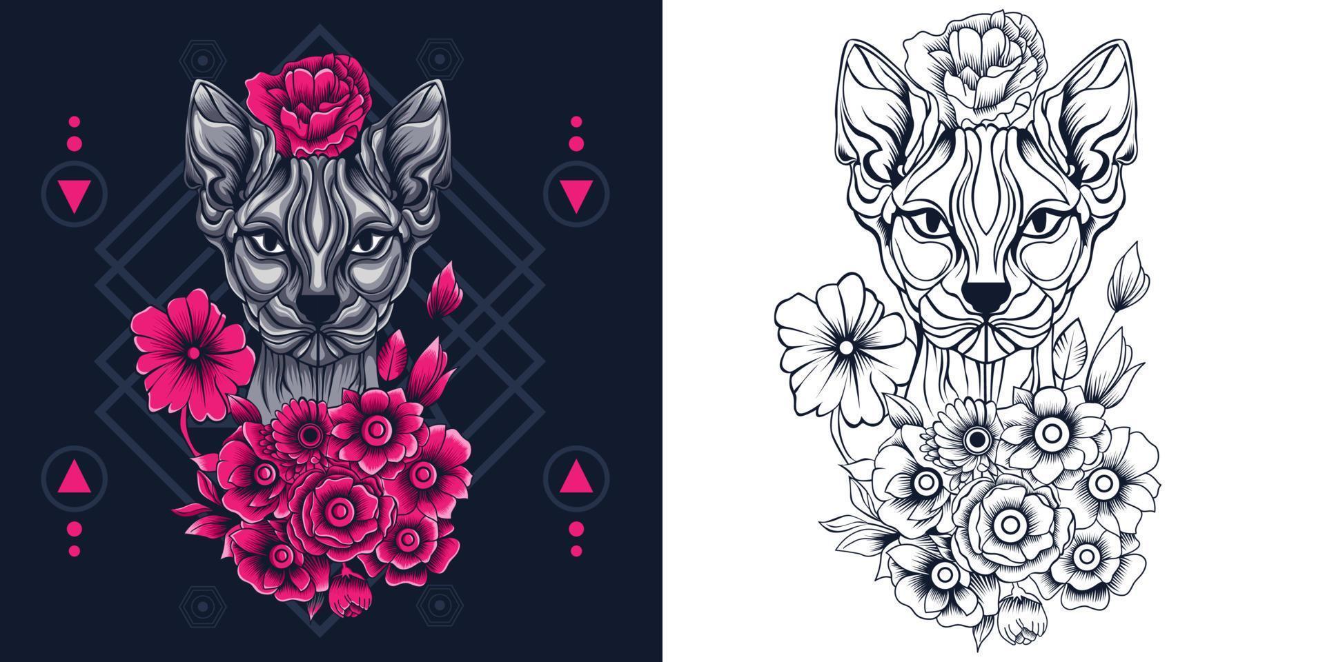 gato con ilustración de vector de rosas en estilo de color neón